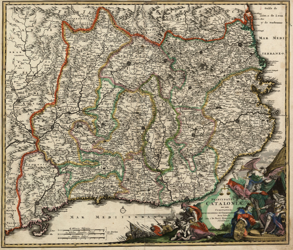 Mapa de Catalunya (1707), obra de Ioan Baptista Norimberge. Fuente Cartoteca de Catalunya