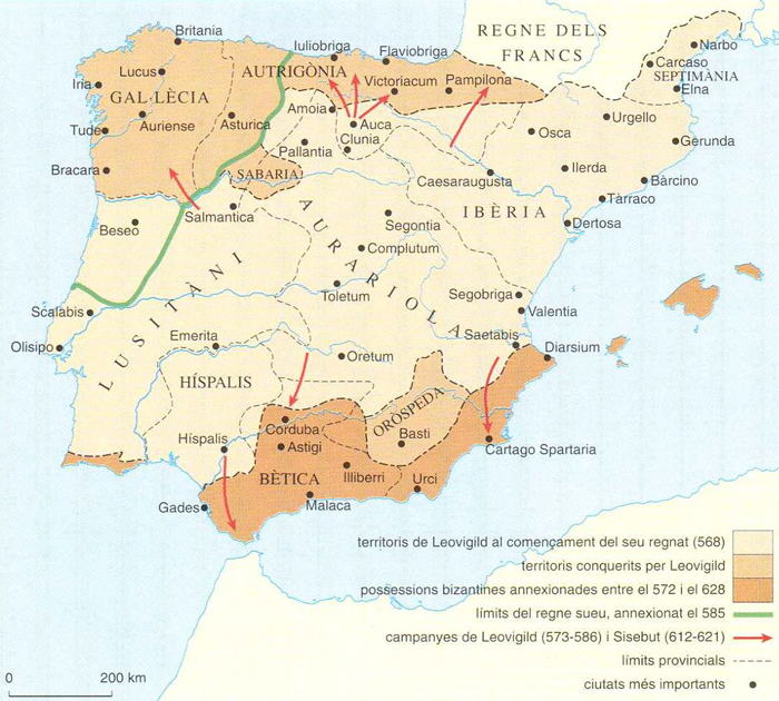 Mapa de los dominios peninsulares visigotics. Siglos VI y VII. Font Enciclopedia