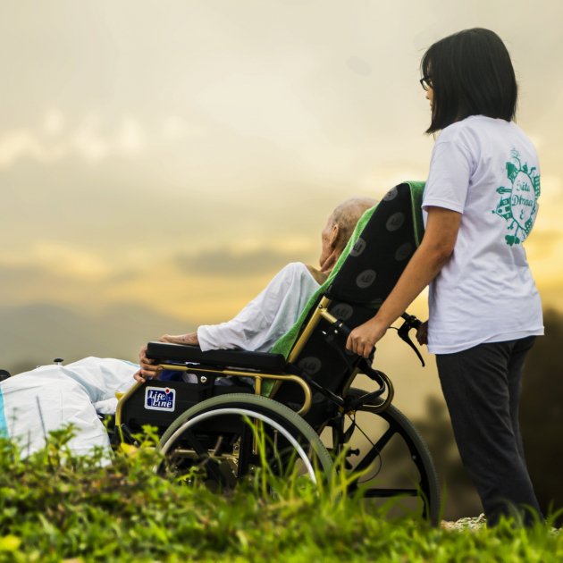 Pacient vell infermera cadira rodes (Pixabay)