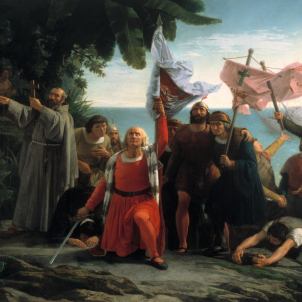 Representació de Colom desembarcant a la Hispaniola, obra de Dioscóro Puebla (1862). Font Museu del Prado Representació de Colom desembarcant a la Hispaniola, obra de Dioscóro Puebla (1862). Font Museu del Prado