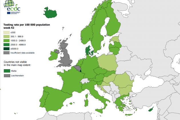 Captura de pantalla dels tests fets a la UE per cada 100.000 habitants  / EDCD