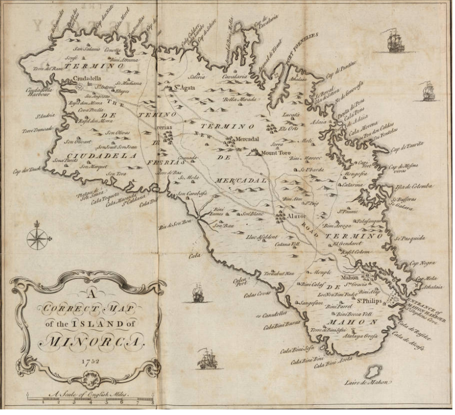 Mapa de Menorca (1752). Fuente Cartoteca de Catalunya