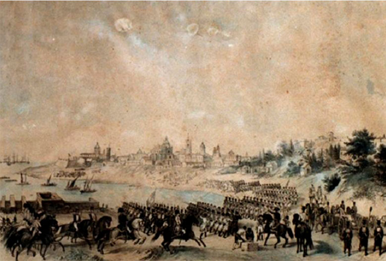 Representación del ejército revolucionario en las afueras de Buenos Aires, obra de Fernando Bambrila (1817). Font Museo de Bellas Artes. Buenos Aires