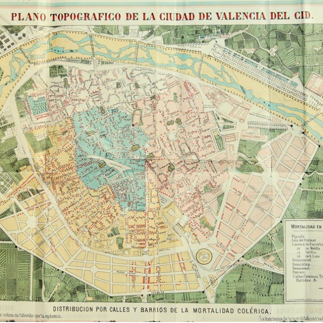 El cólera ataca Valencia. Plano con los puntos de máxima afectación