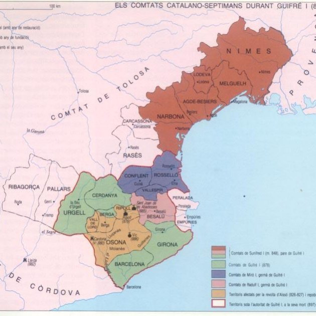 Mapa dels dominis de Guifré el Pilós. Font. Arxiu del Nacional.