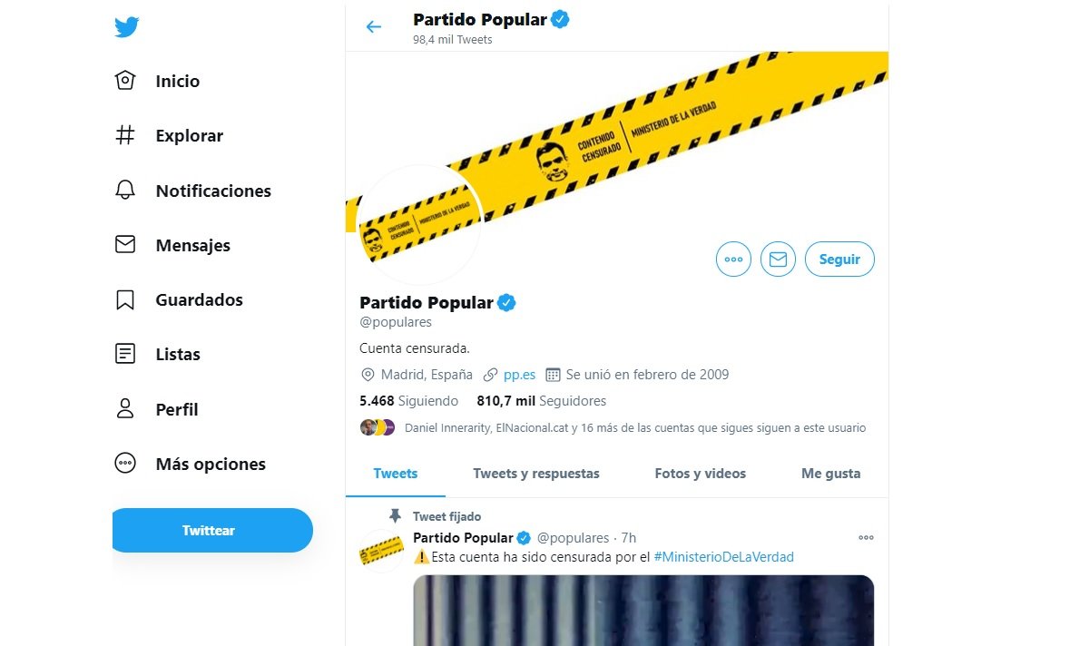 pp PSOE censura ministeriio de la verdad -Twitter PP