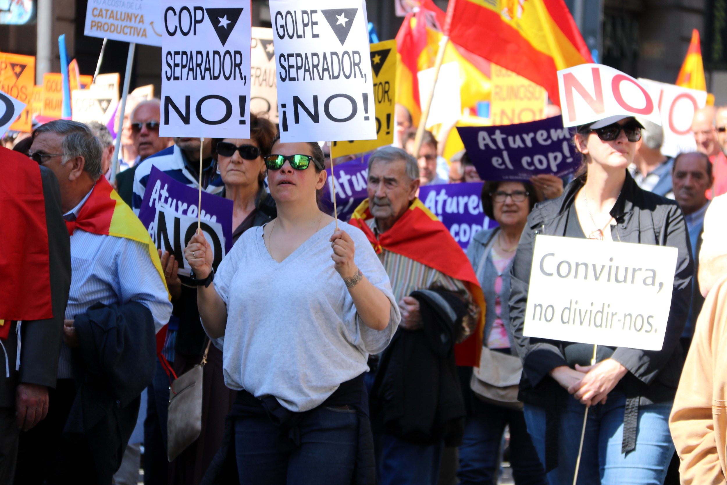 Pancartes en català (i amb faltes d’ortografia) a la manifestació unionista