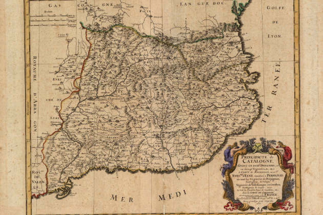 Mapa de Catalunya (1660) amb els límits de la ratlla de 1659. Font Cartoteca de Catalunya