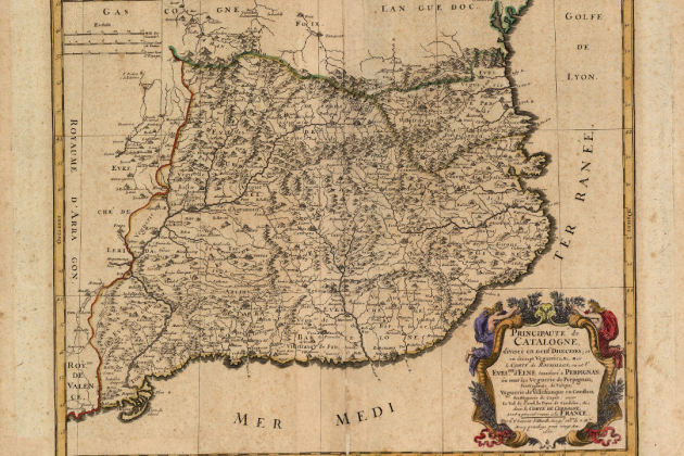 Mapa de Catalunya (1660) con los límites de la raya de 1659. Fuente Cartoteca de Catalunya