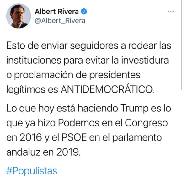 Tuit Albert Rivera sobre asalto trumpista al Capitolio : Twitter