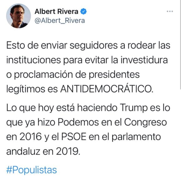 Tuit Albert Rivera sobre asalto trumpista en el Capitolio: Twitter