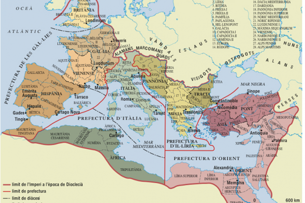 Mapa del Imperio romano de Oriente y de Occidente. Font Enciclopedia