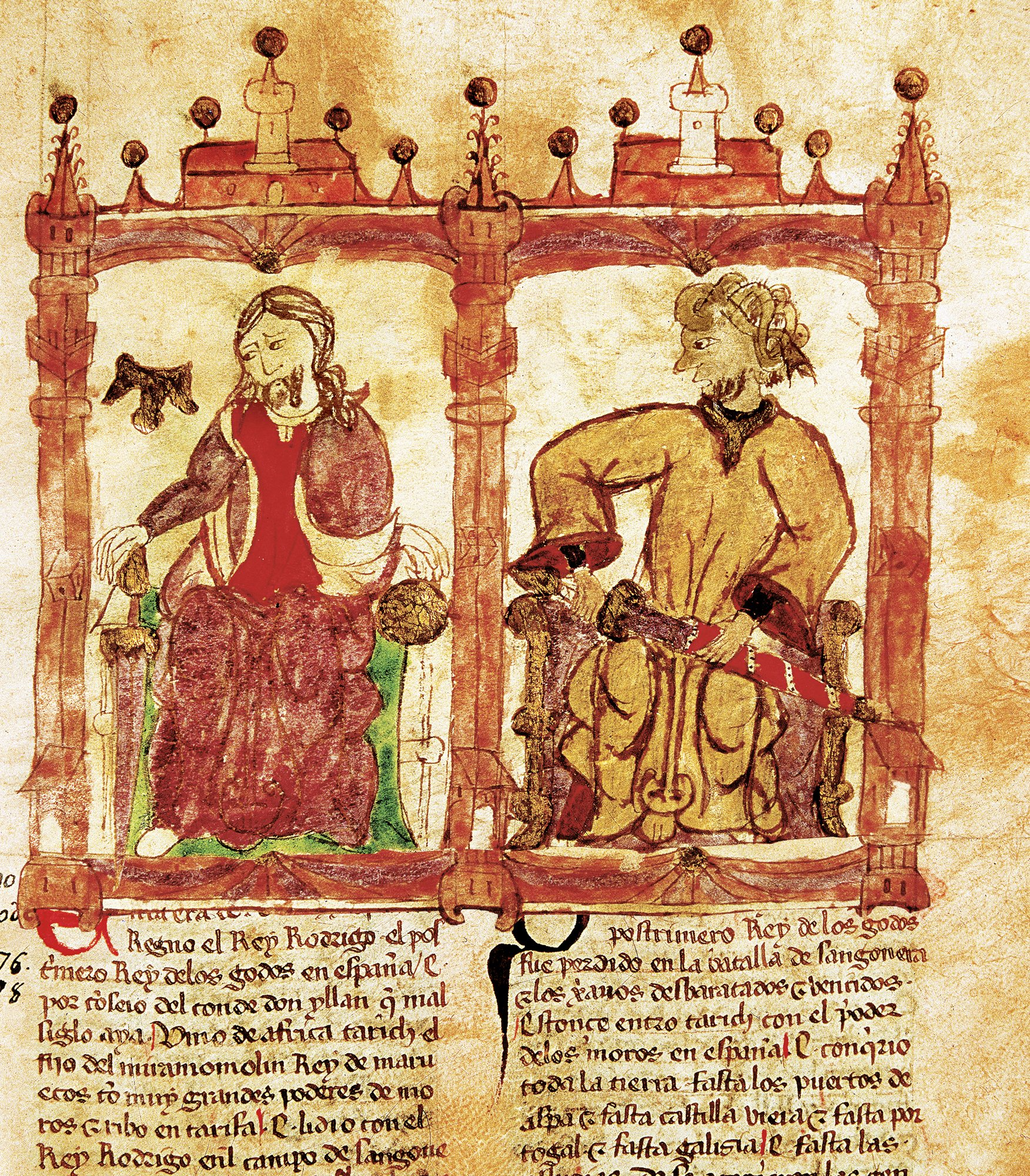 Representació del rei visigot Roderic i del general àrab Tarik (segle XI). Font Biblioteca Nacional de España