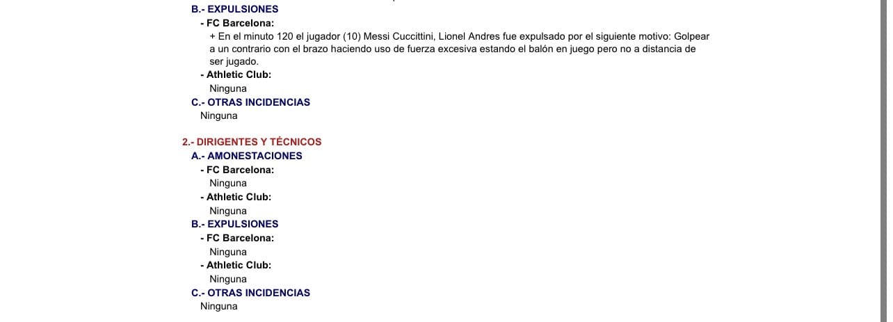 Acta arbitral expulsión Messi Barça