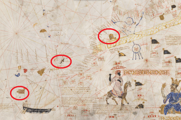Fragmento de una carta naval de la costa atlántica norte africana (1378). Fuente Bibliothèque Nationale de France
