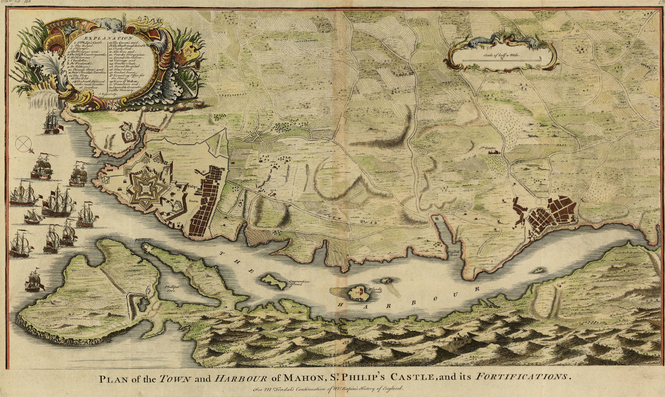 Mapa inglés del puerto de Mahón (1744). Fuente Cartoteca de Catalunya