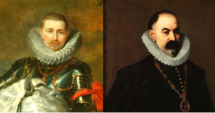 Retrats de Calderon (1612), obra de Rubens  i Franqueza (1608), obra de Pantoja. Font Windsor Castle (Londres) i Viquipedia