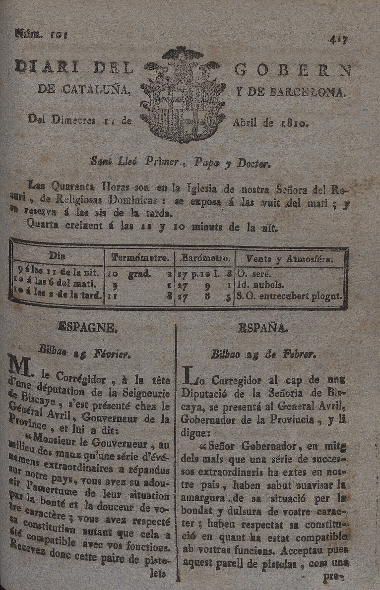 Portada del Diari de Barcelona (1810), en català i en francès. Font Arxiu Historic de Barcelona