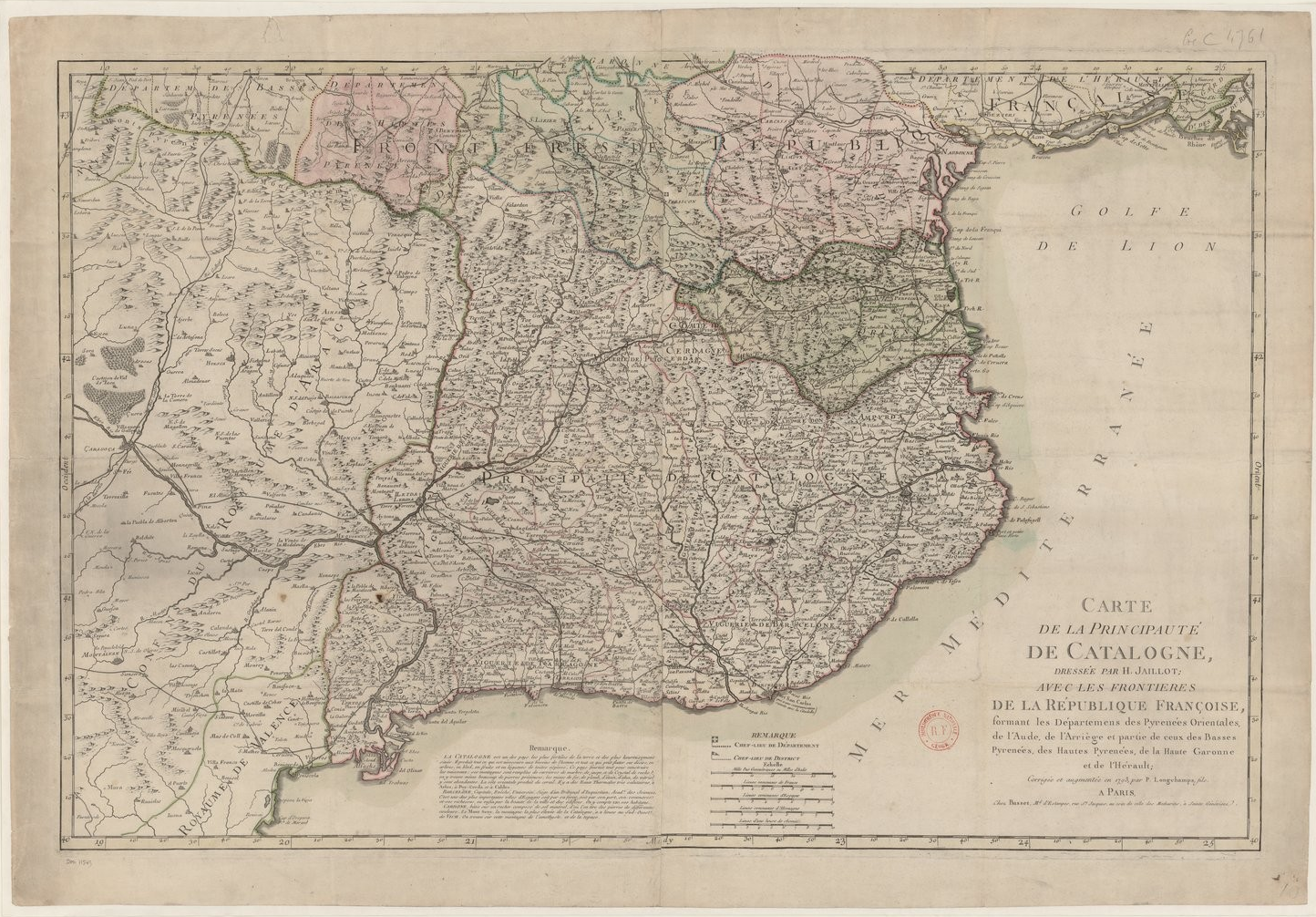 Mapa francès de Catalunya (1793). Font Bibliothèque Nationale de France