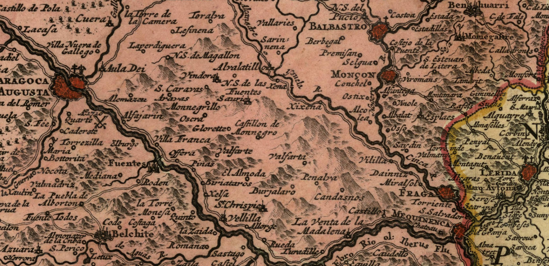 Fragmento de un mapa de Aragón (1719). En|A el centro del mapa, la región de los Monegres. Fuente Cartoteca de Catalunya