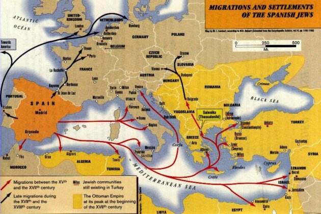 Los Reyes Católicos firman el decreto de expulsión de los judíos hispanics. Mapa de la diáspora sephardí