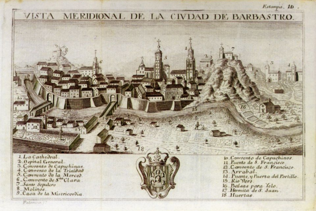 Grabado de Barbastro (siglo XVIII). Fuente Biblioteca Virtual del Patrimonio Bibliográfico