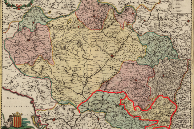 Mapa episcopal d'Aragó (1707). A la part baixa del mapa, encerclats en vermell, les diocesis de Lleida i de Barbastre. Font Cartoteca de Catalunya