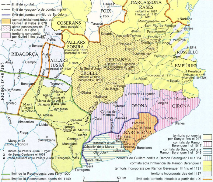 Mapa de los condados independientes catalanes en la época de Robert d'Aguiló. Font Enciclopedia