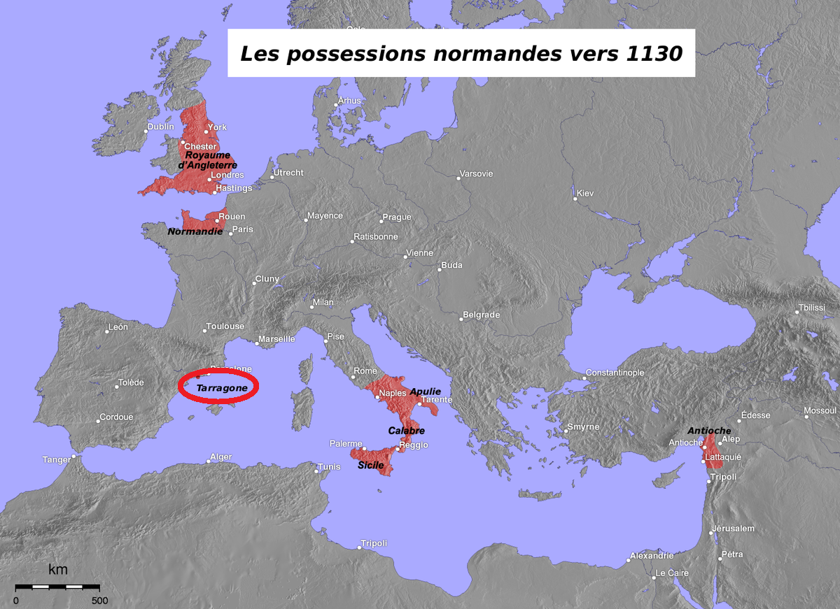 Mapa de les possessions normandes cap al 1130. Font Wikipedia France