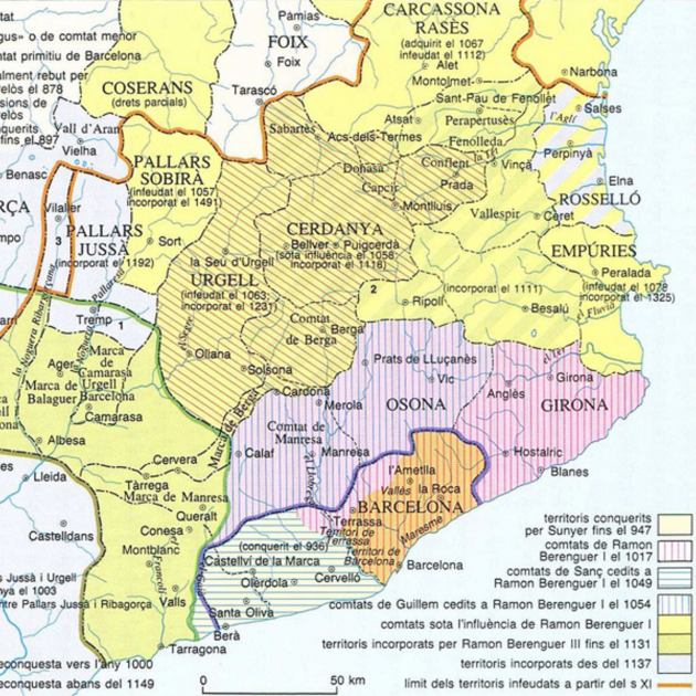 Mapa dels comtats catalans (segles IX a XII). Font Enciclopedia