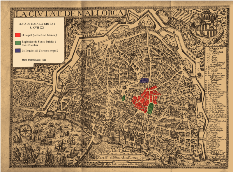 Situació de la judería menor de Palma, según el informe del inquisidor Antoni Garau (1644). Fuente Wikimedia Commns