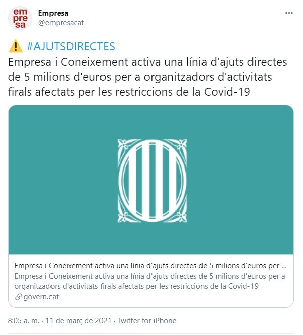 Tweet departamento Emprendida ayudas covid ferias Twitter empresacat