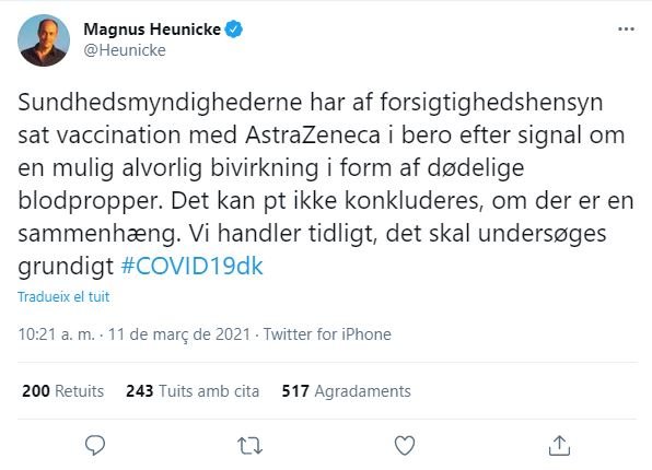 Tweet ministro Dinamarca vacuna AstraZeneca