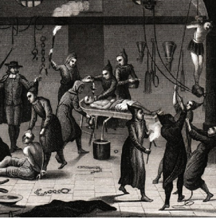 Representació d'un interrogatori a persones acusades de bruixeria. Font Enciclopedia Britànica