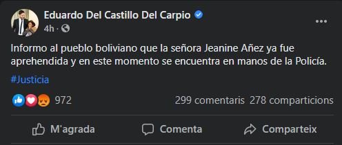 Facebook detenció presidenta Bolívia Eduardo Del Castell Del Carpio