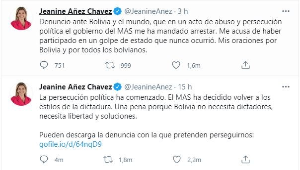Twitter Jeanine Añez Chavez detencion presidenta bolivia