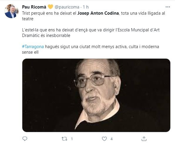 Tweet Pau Ricomà Josep Anton Codina