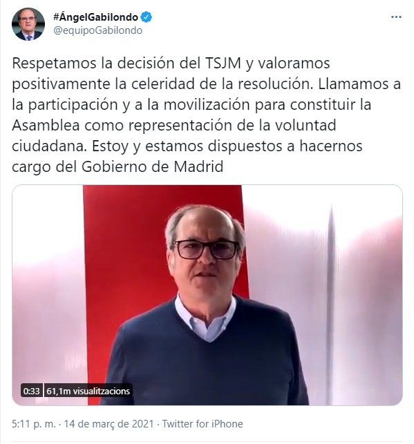 Tweet elecciones Madrid Angel Gabilondo