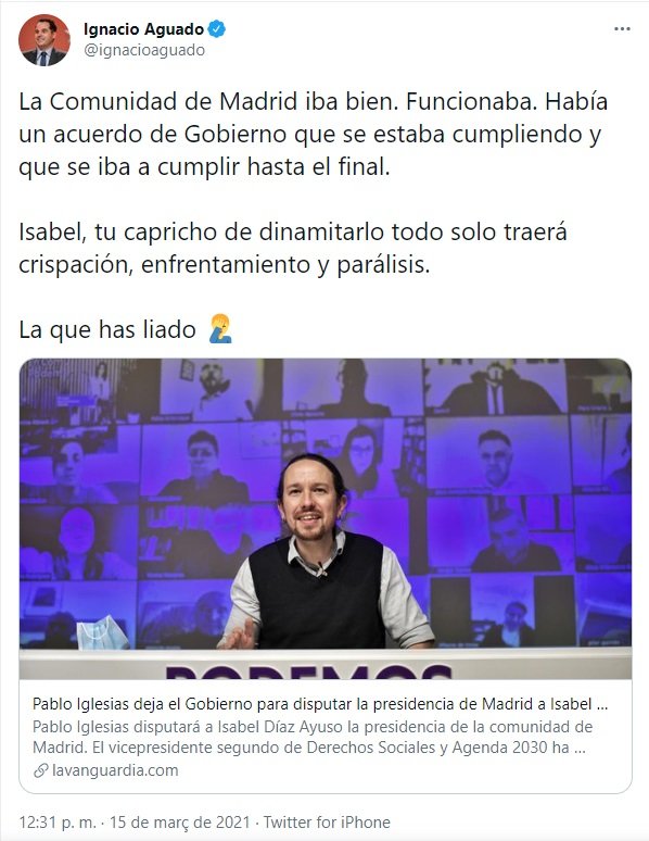 Ignacio aguada tweet elecciones Madrid Ayuso Iglesias