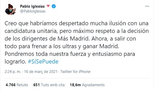 tweet Iglesias Podemos Más Madrid