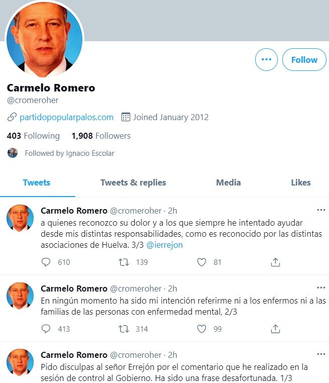 tuits disculpas carmelo pp en errejon