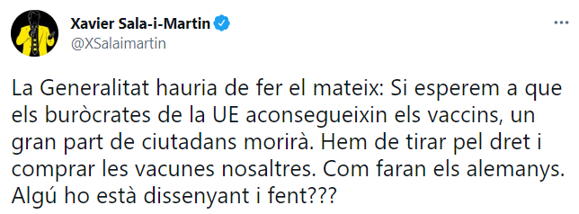 Tuit Xavier Sala y Martin vacunas gobierno rusa sputnik alemanes @XSalaimartin