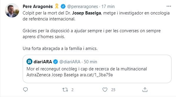 Pere Aragonès muerte Josep Baselga oncologo catalán