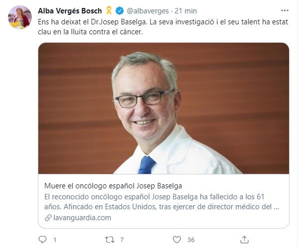 Alba Verges muerte Josep Baselga oncologo catalán