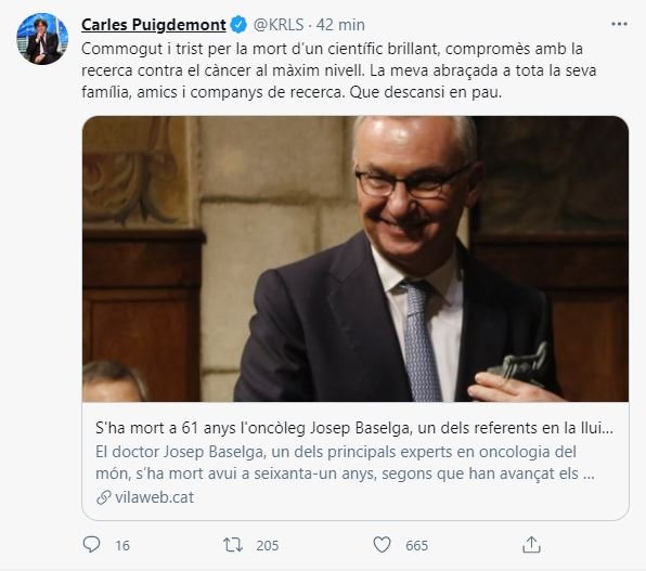 Carles Puigdemont muerte Josep Baselga oncologo catalán