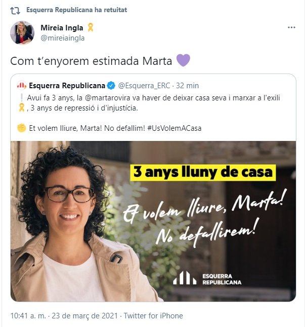TUIT Mireia Ingla exilio Marta Rovira 3 años