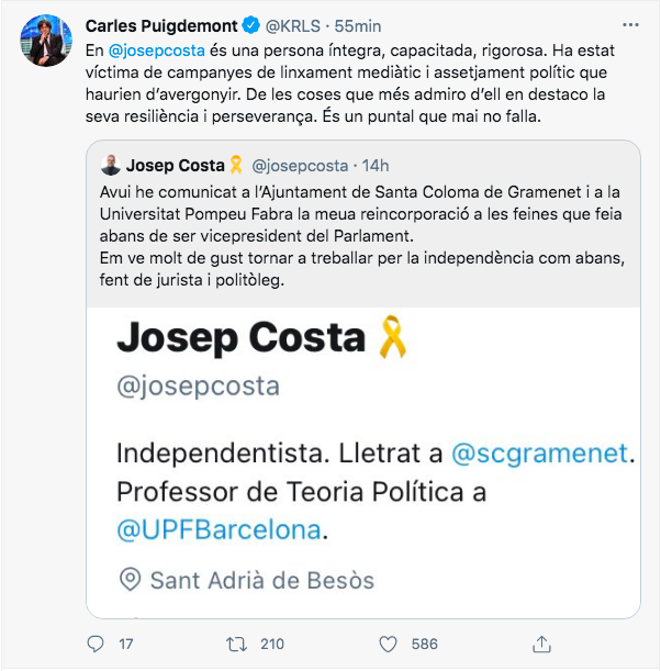 tuit captura puigdemont costa TUIT