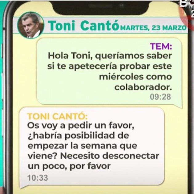 mensaje Toni Cantó mintiera Cuatro