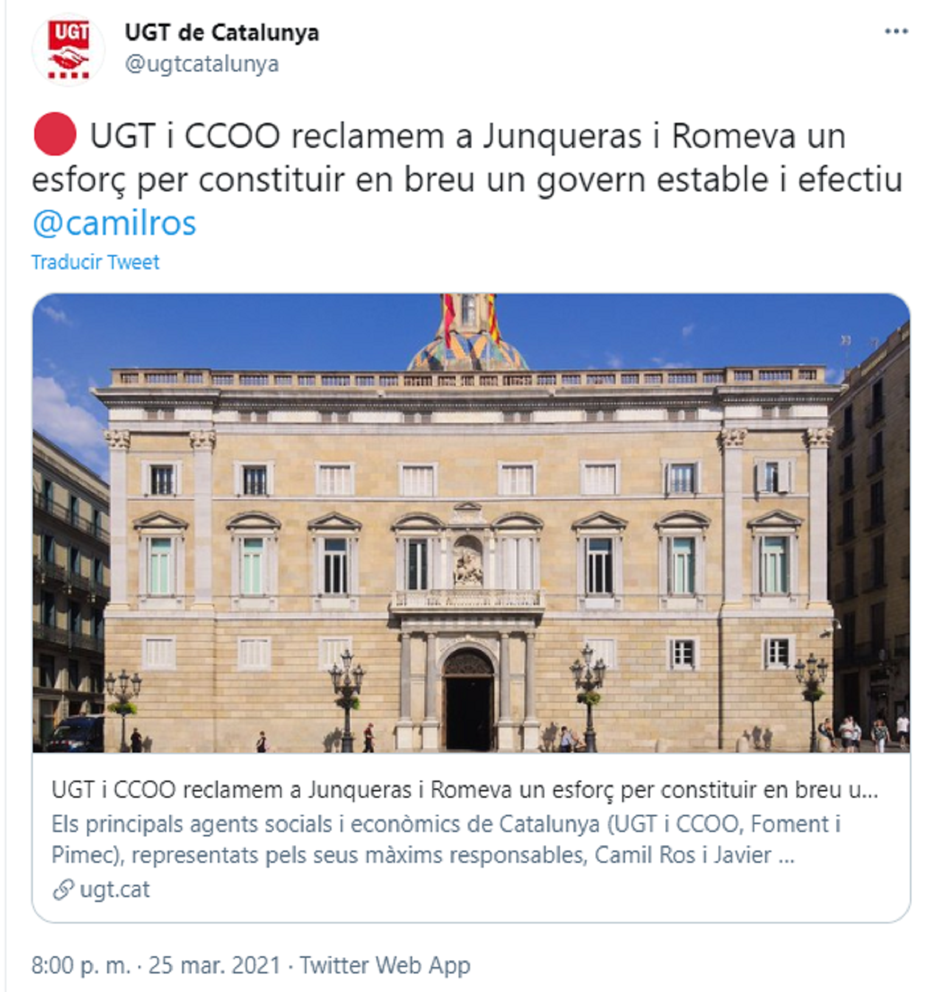 Twitter UGT sobre petición Junqueras y Romeva acuerdo Govern / Captura pantalla