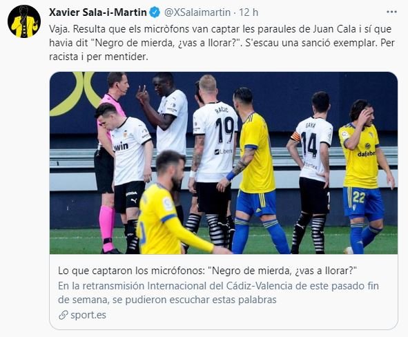 Sala i Martin racisme Cala Diakhaby TUIT